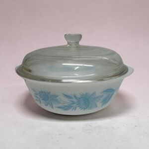 Glasbake Blue Flower Thistle 2 QT Round Casserole Dish J-514 lid J526 USA
